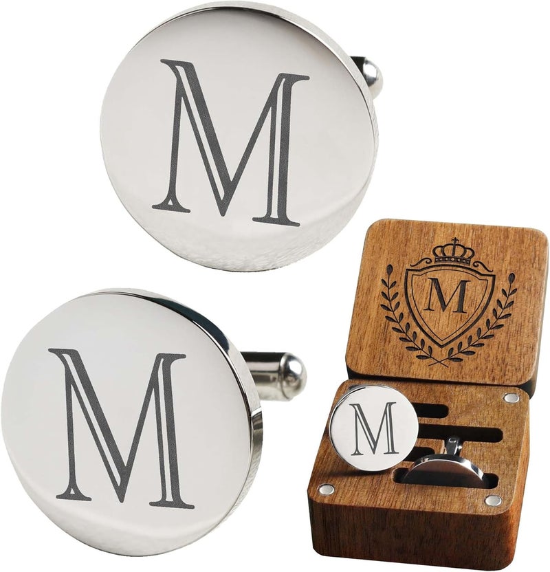 SeemDanten Mens Classic Initial Cuff links A-Z Alphabet 26 Letters Stainless Steel Silver CuffLinks with Engraved Walnut Wood Gift Box Business Wedding Set - Image 1